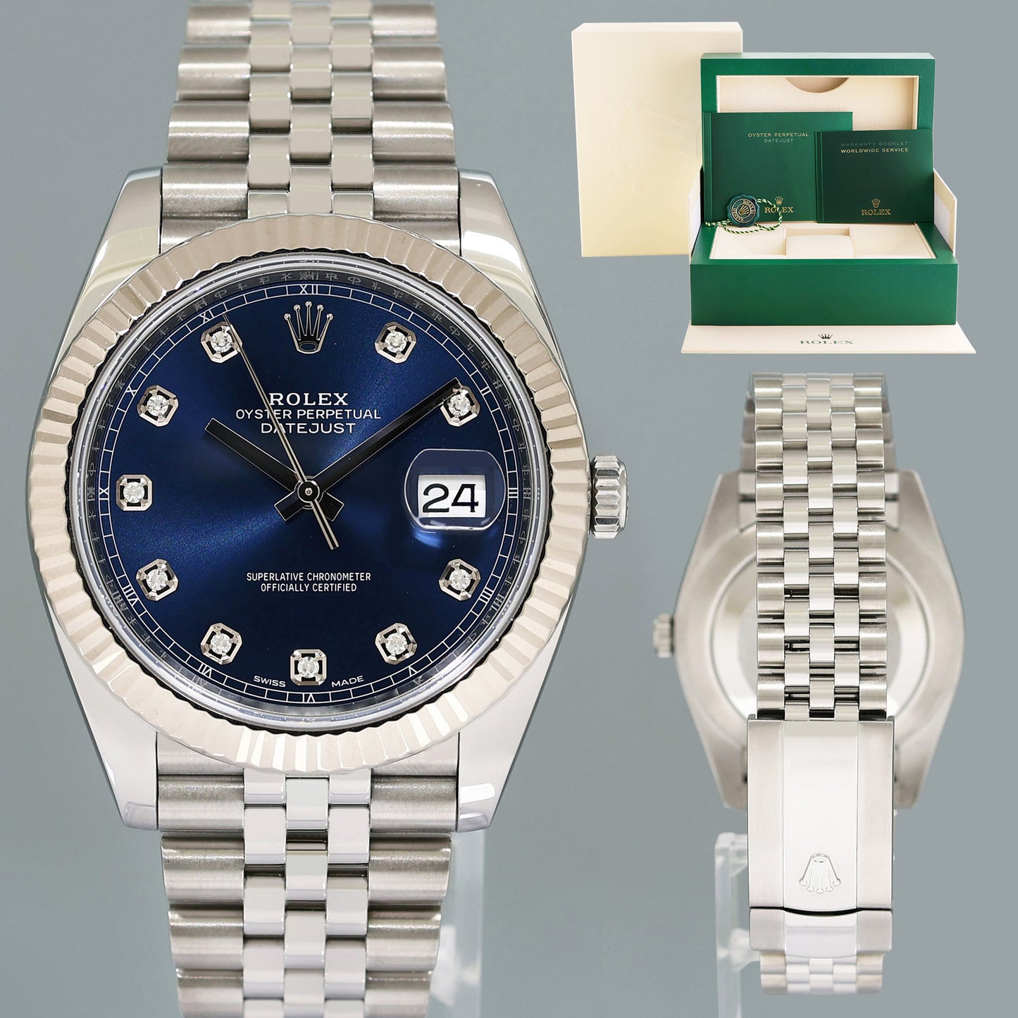 2024 NEW Rolex DateJust 41 Blue Diamond Jubilee White Gold Fluted 126334 Watch Box