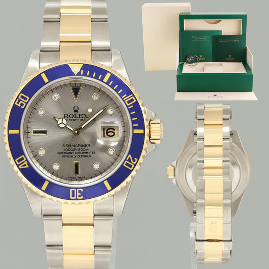 2008 MINT Rolex Submariner 16613 Two Tone Yellow Gold Silver Serti Diamond Watch Box