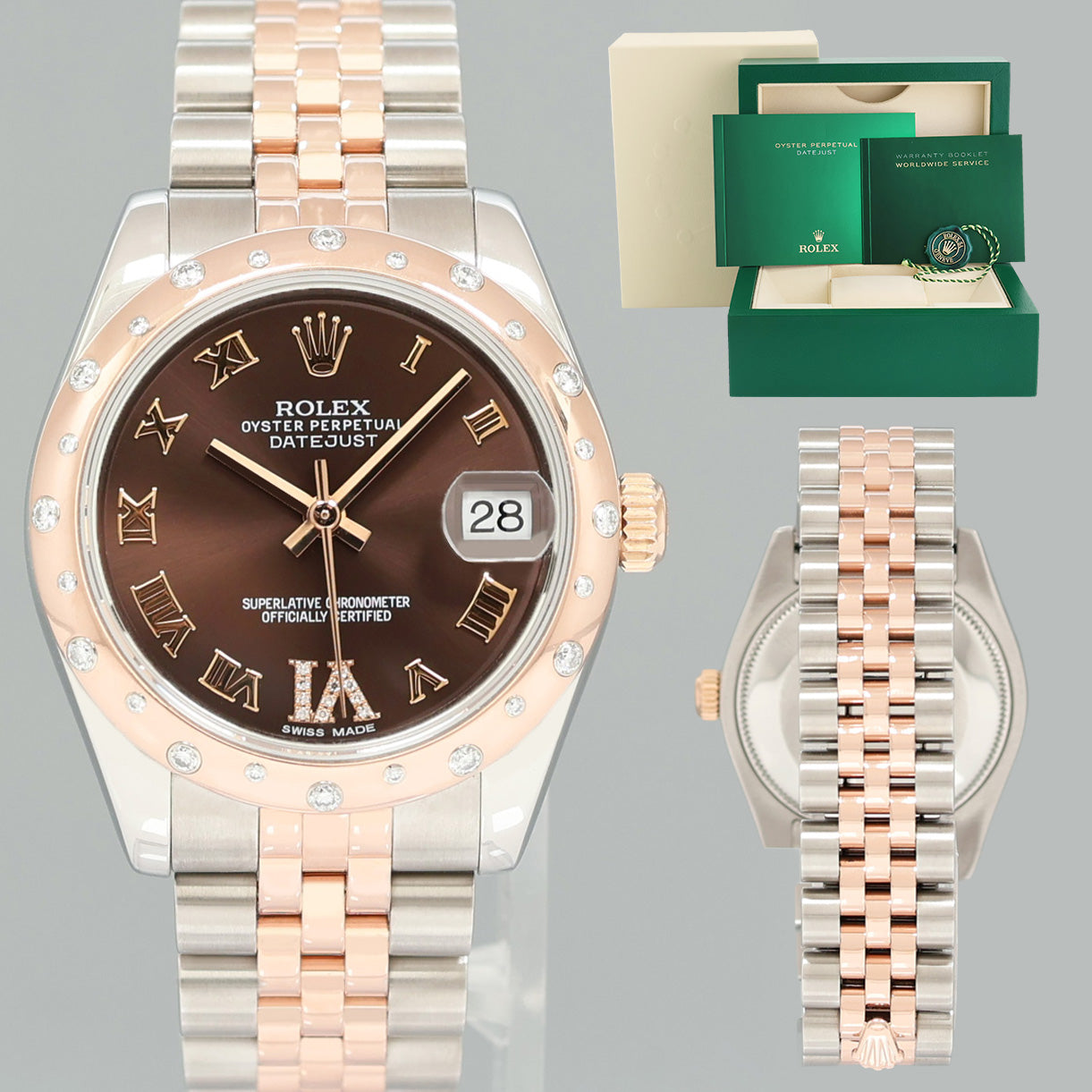 MINT 2015 Rolex DateJust Rose Gold Two Tone 31mm 178341 Chocolate Diamond Watch