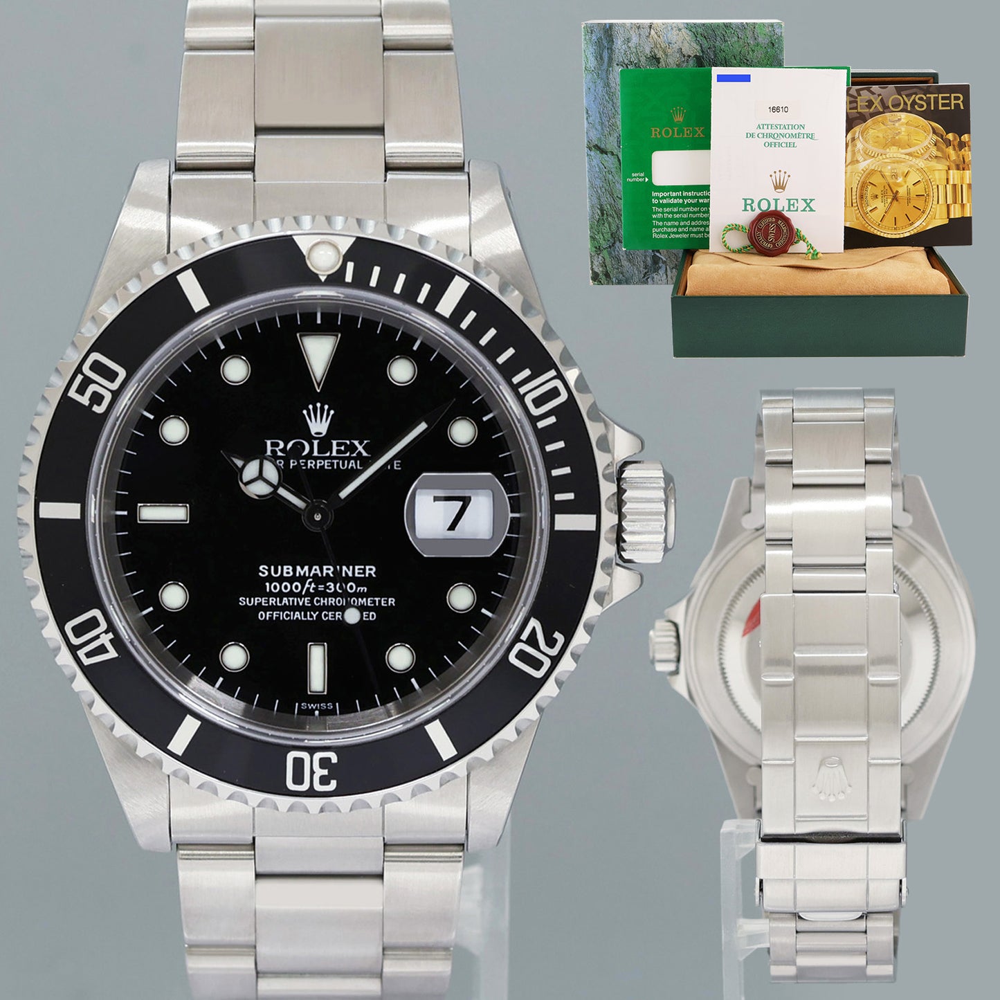 1999 PAPERS Swiss Only Dial Rolex Submariner Date 16610 Steel Black 40mm Watch Box