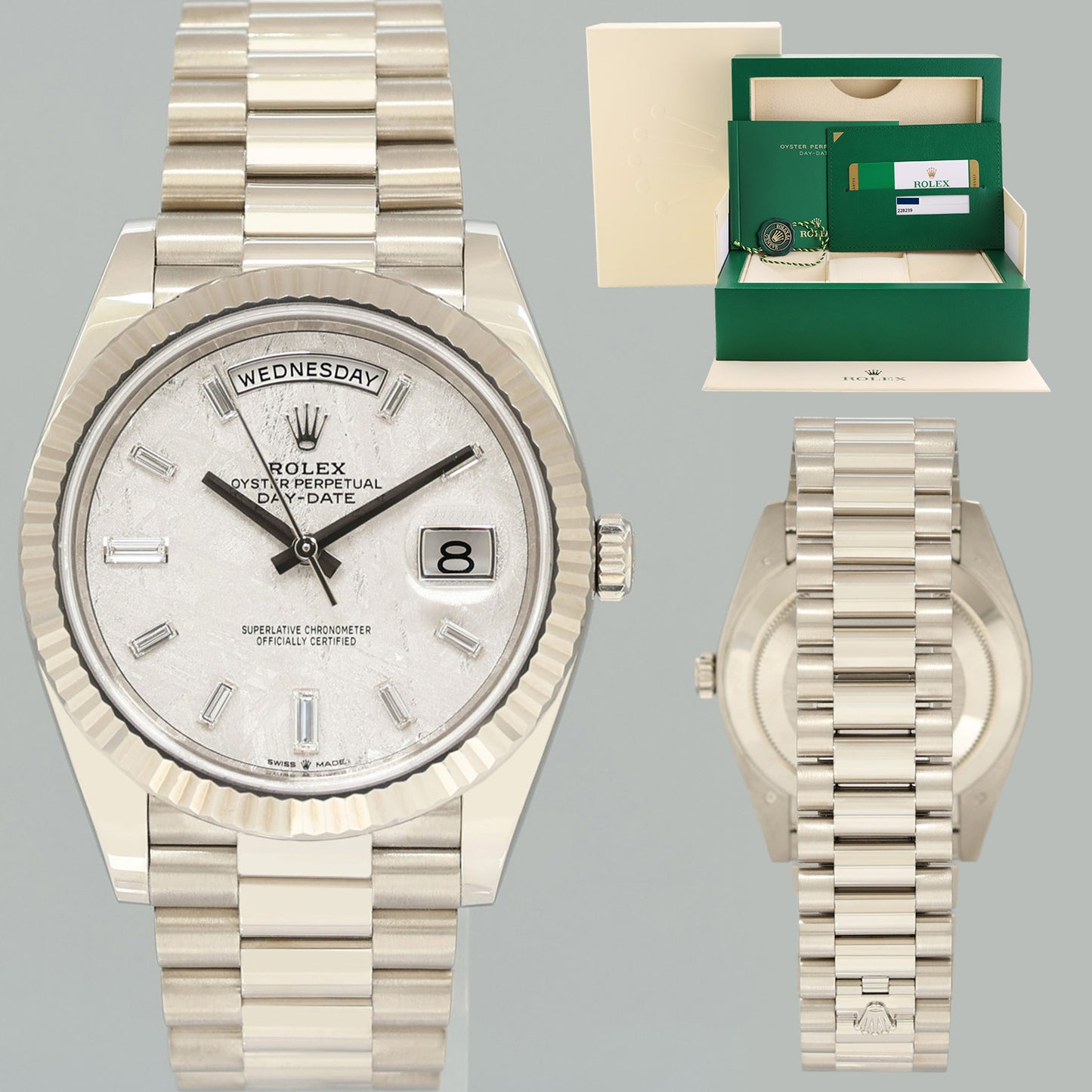 PAPERS MINT Rolex Day Date 40 White Gold President METEORITE 228239 Watch Box