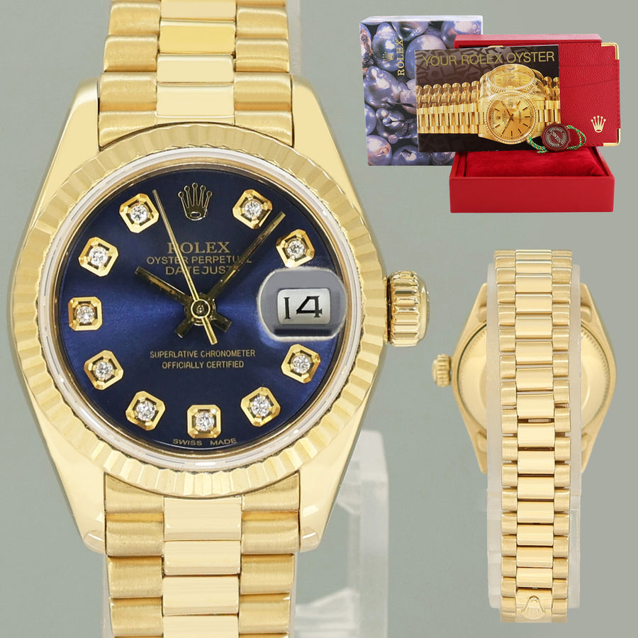 MINT Blue Diamond Ladies Rolex DateJust 69178 President 26mm 18k Yellow Gold Watch