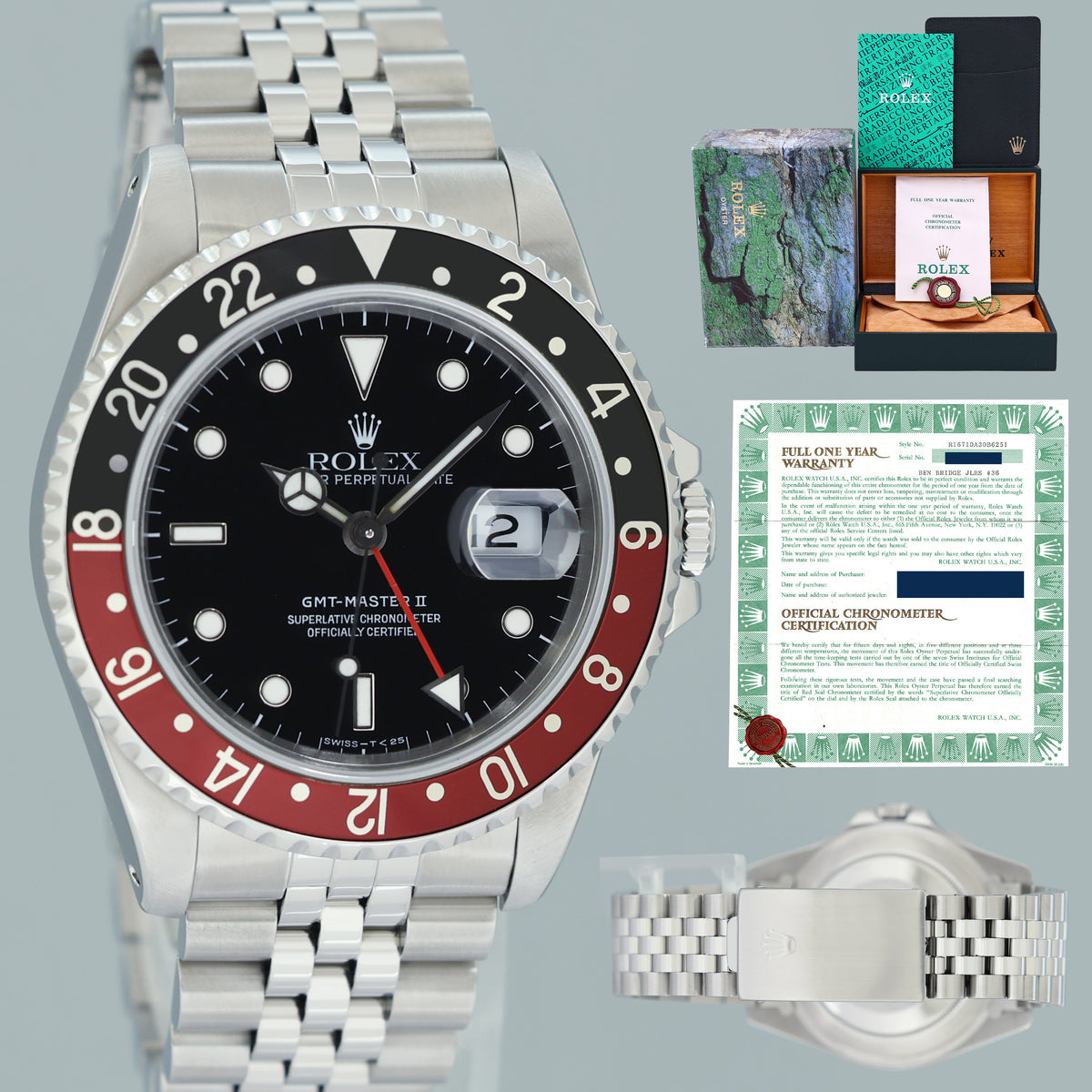 TRITIUM PAPERS MINT Rolex GMT-Master II 2 Coke Red Steel 16710 40mm Jubilee Watch