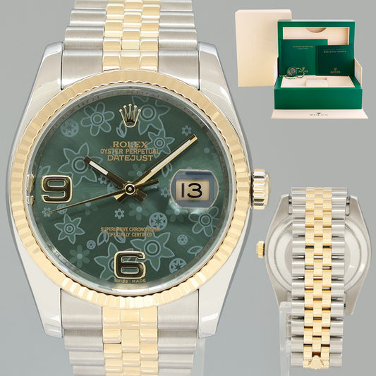 MINT Rolex DateJust 36mm Jubilee Two Tone Gold Green Floral 116233 Watch Box