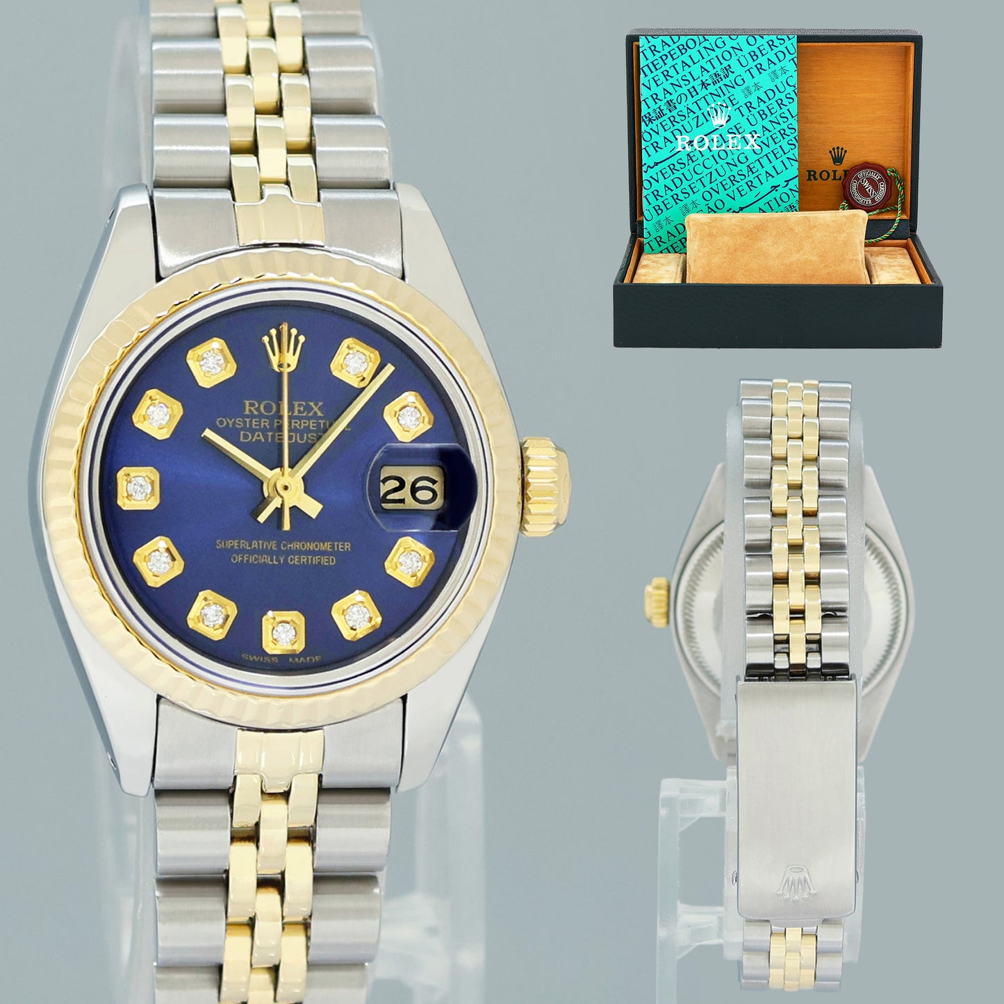 MINT Rolex DateJust 6917 Blue Diamond Two Tone Gold 26mm Jubilee Watch Box