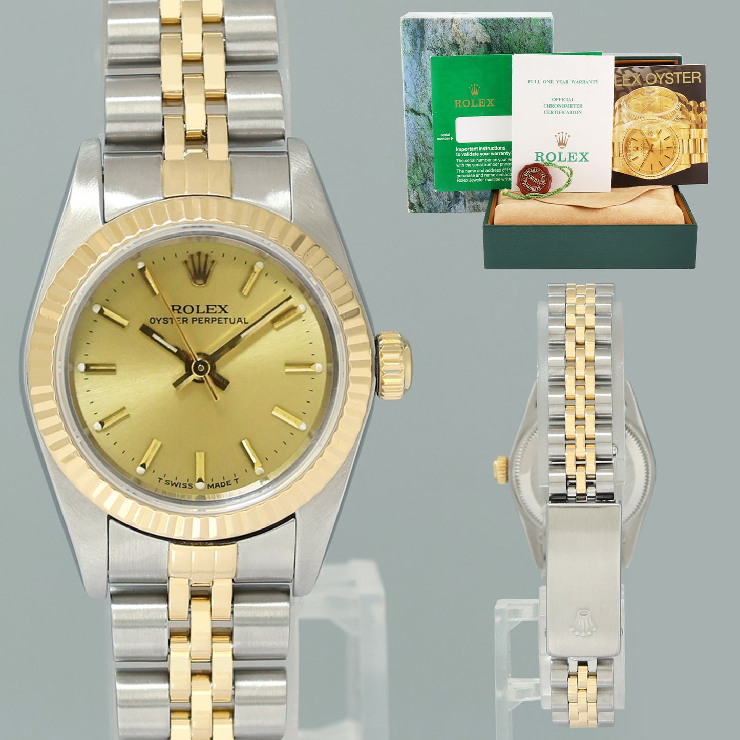 PAPERS Ladies Rolex Oyster Perpetual 24mm Champagne 76193 Two Tone Yellow Gold Jubilee Watch