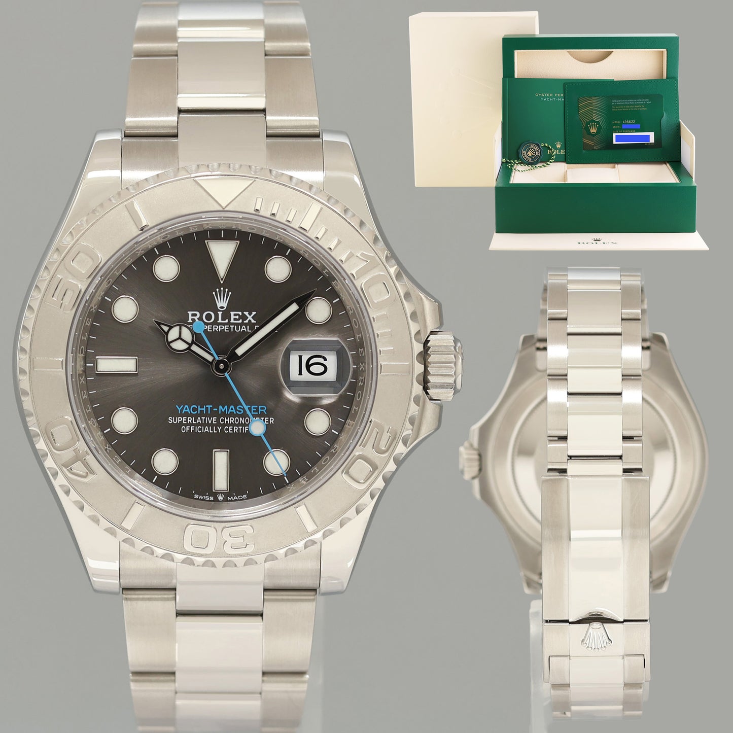 2023 NEW PAPERS Rolex Yacht-Master 126622 Steel Platinum Rhodium Blue Watch Box
