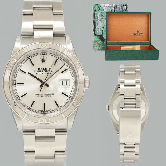 MINT Rolex DateJust 16264 Turn-O-Graph Silver Stick Oyster White Gold 36mm Watch Box