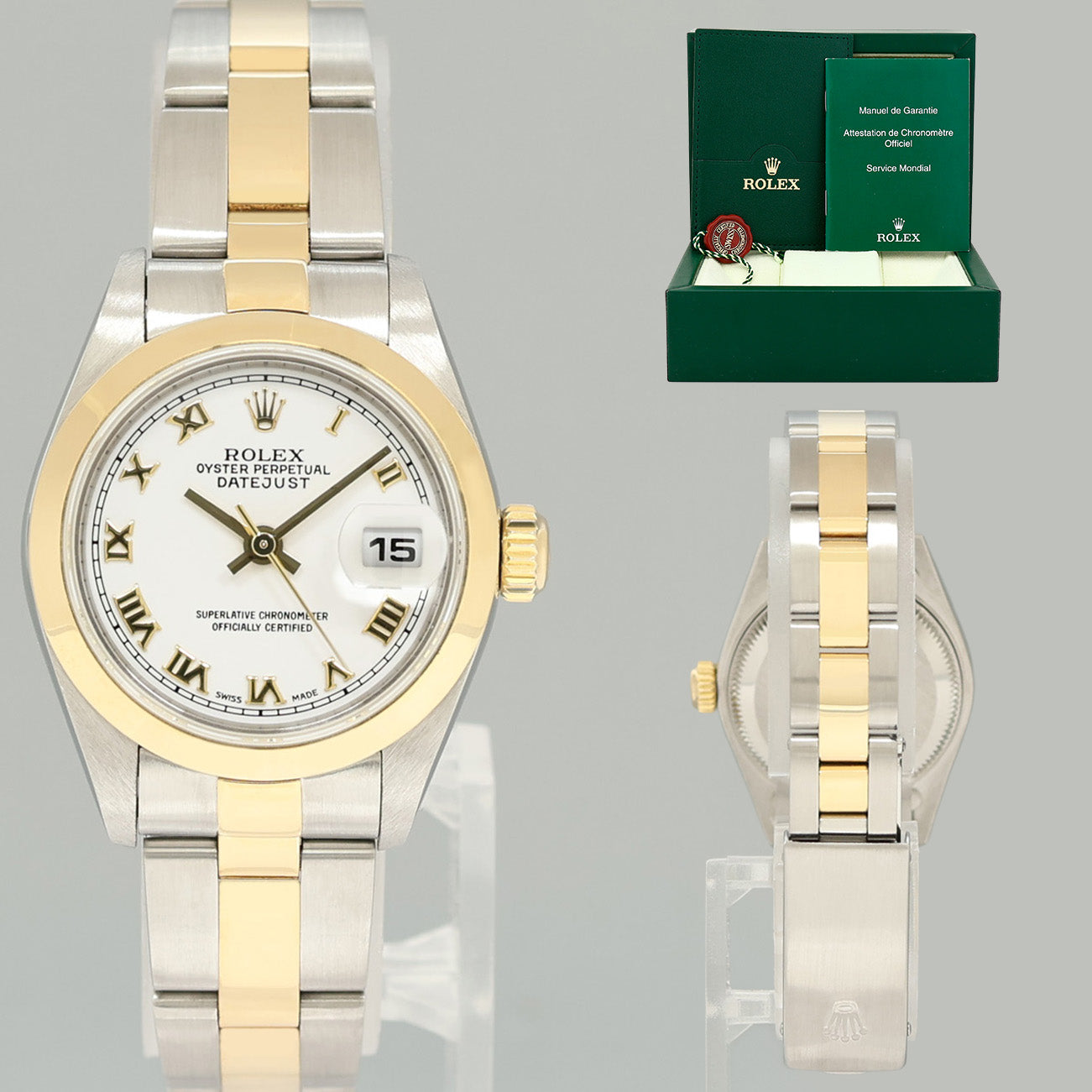 MINT Ladies Rolex DateJust 79163 White Roman Two-Tone Yellow Gold Oyster Watch Box