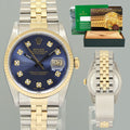 MINT Rolex DateJust 16233 Two Tone Yellow Gold Jubilee Blue Diamond Watch Box