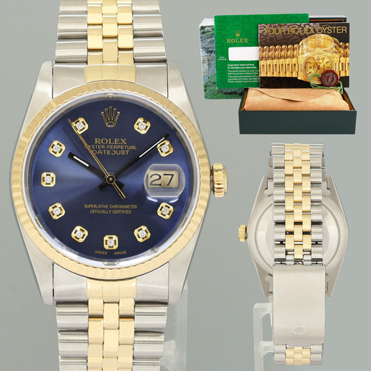 MINT Rolex DateJust 16233 Two Tone Yellow Gold Jubilee Blue Diamond Watch Box