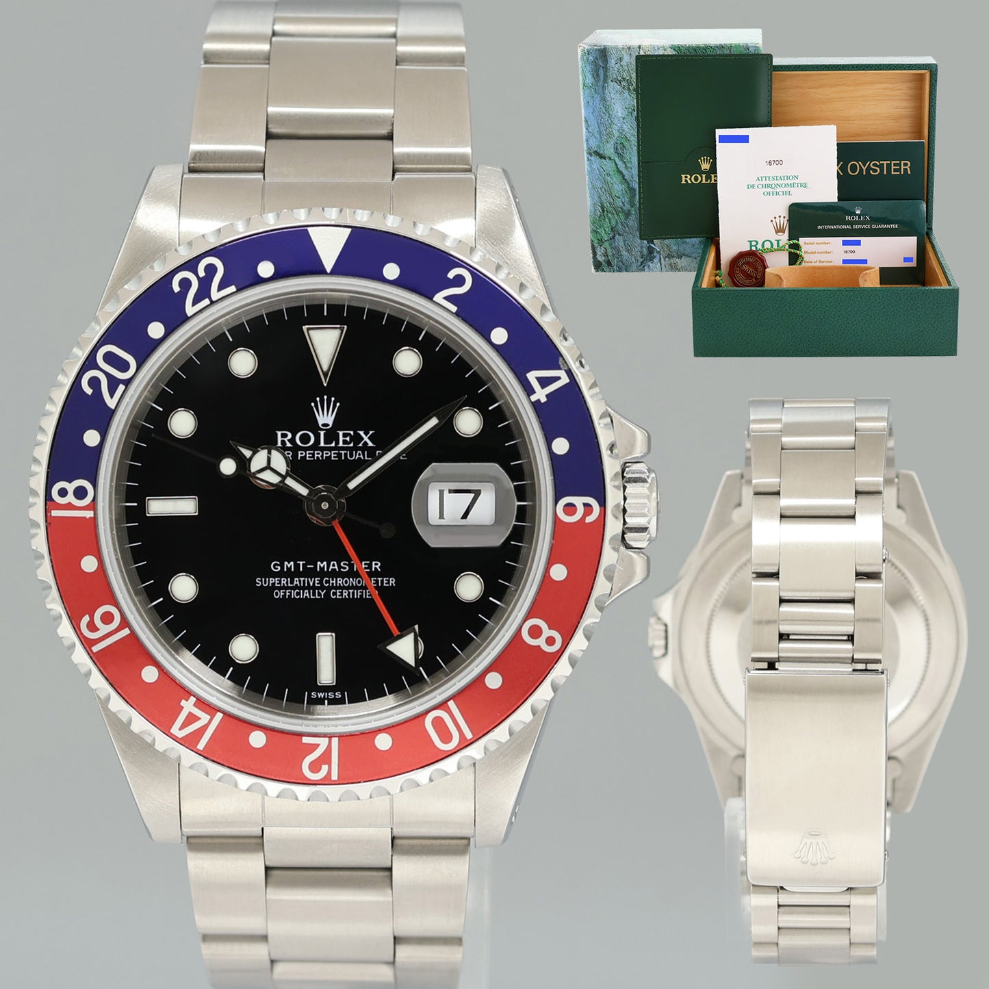 PAPERS 2016 RSC SERVICE Rolex GMT-Master Pepsi Blue Red 40mm Steel 16700 Watch Box