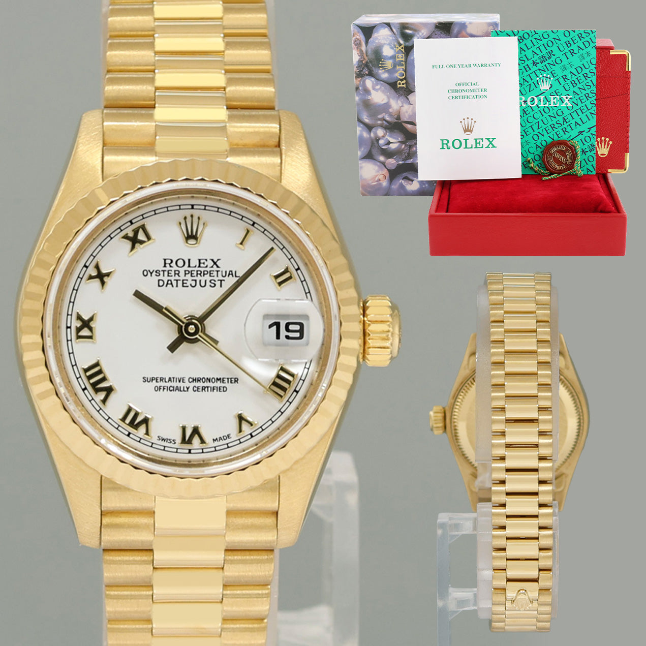 PAPERS 2004 Ladies Rolex DateJust 79178 President 26mm Yellow Gold White Roman Watch