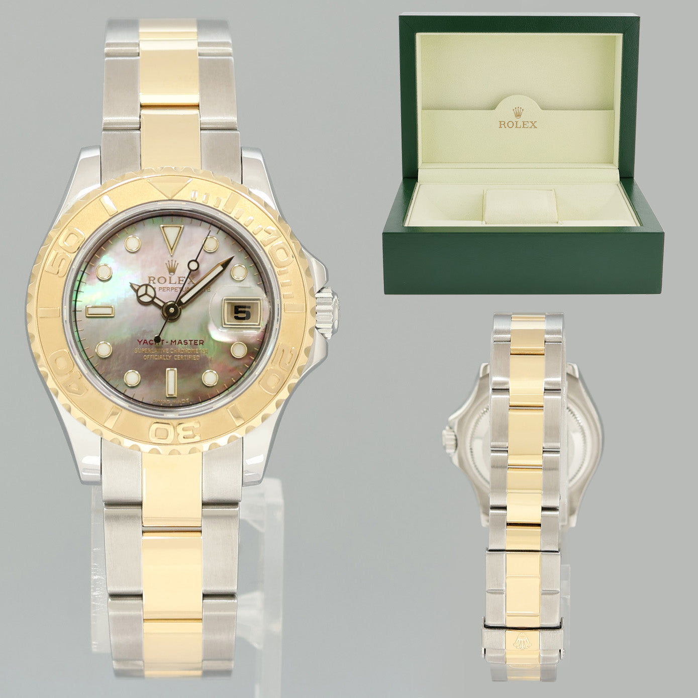 MINT Ladies Rolex Yacht-Master 169623 Two Tone Yellow Gold Dark Mother of Pearl Watch