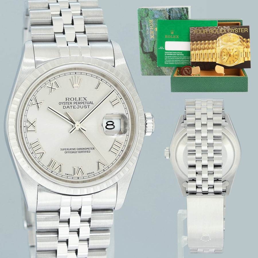 MINT 2004 Rolex DateJust 36mm Silver Roman Dial Jubilee 16220 Steel Watch Box