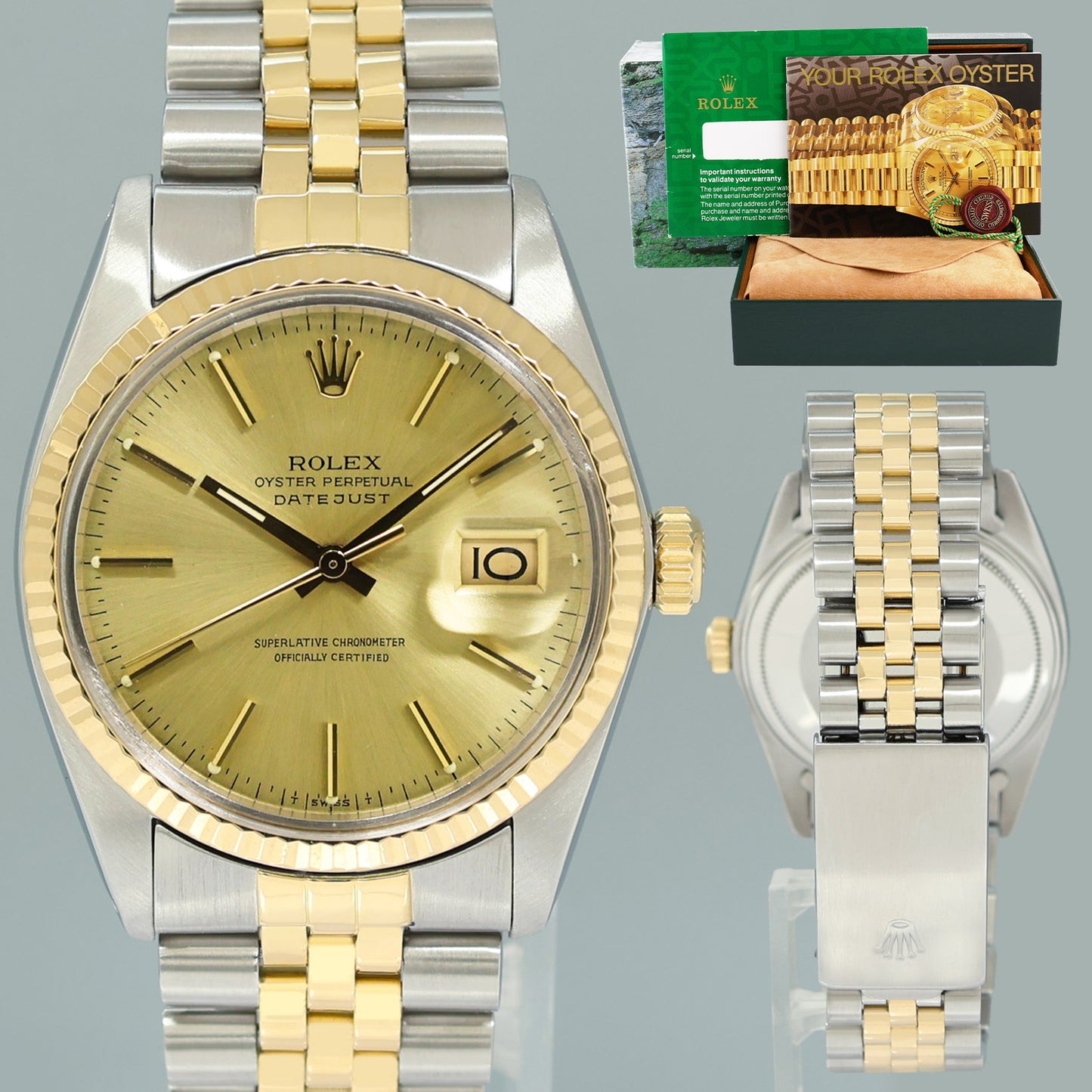 Rolex DateJust 16013 Champagne Stick Fluted Bezel Two Tone Gold Jubilee Watch