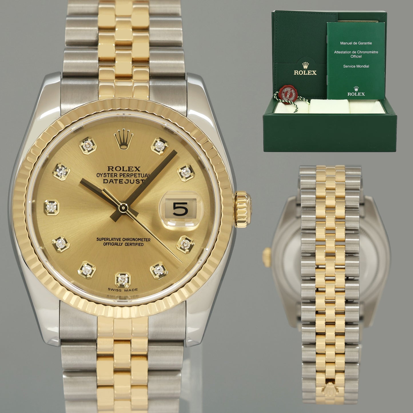 MINT Rolex DateJust Tone Rose Gold Steel 36mm Champagne Diamond 116233 Watch Box