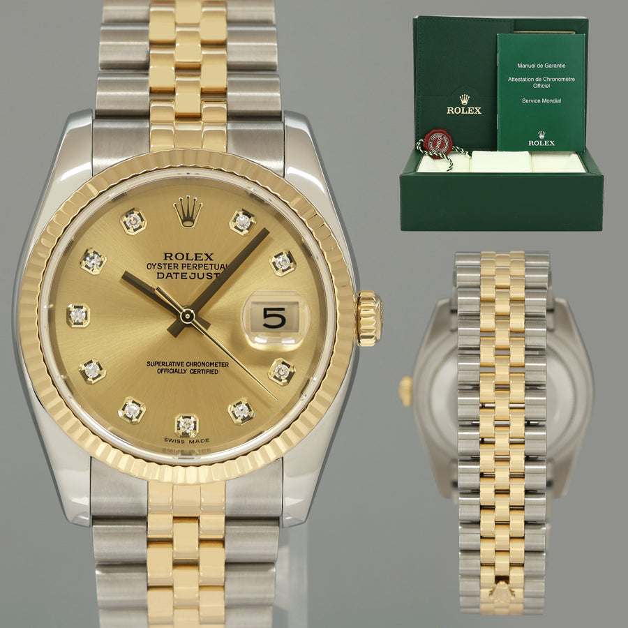 MINT Rolex DateJust Tone Rose Gold Steel 36mm Champagne Diamond 116233 Watch Box