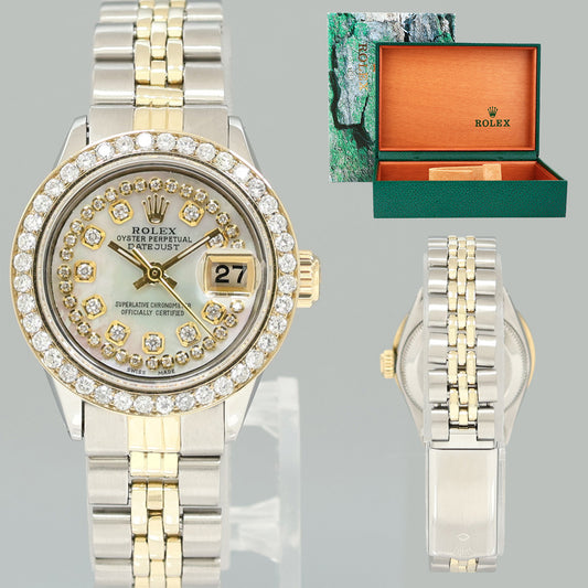 Ladies Rolex Date 26m 6519 Two Tone Yellow Gold MOP Diamond Jubilee Steel Watch Box