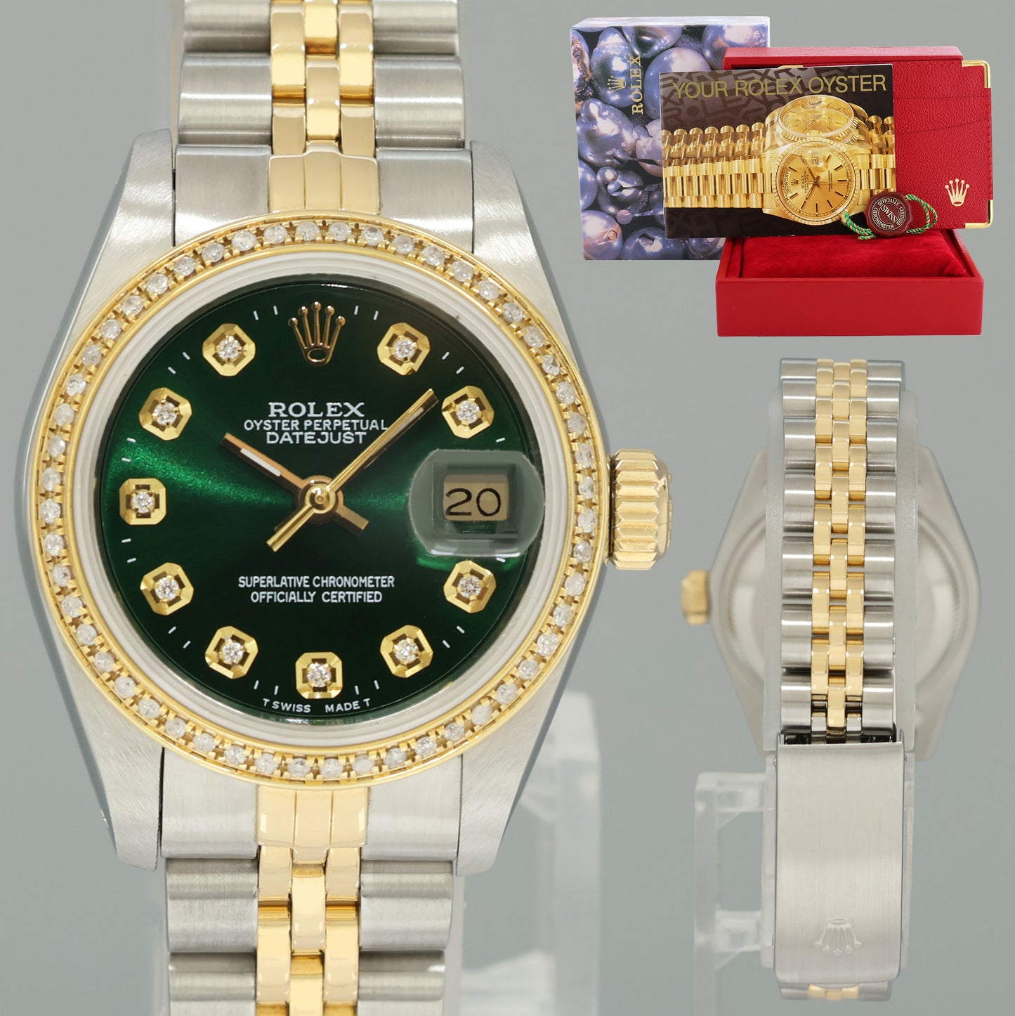 GREEN DIAMOND Ladies Rolex DateJust 26mm 69173 Two Tone Gold Jubilee Watch
