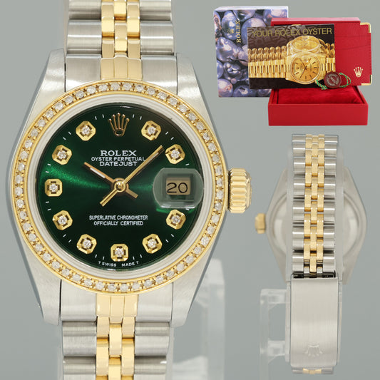 GREEN DIAMOND Ladies Rolex DateJust 26mm 69173 Two Tone Gold Jubilee Watch