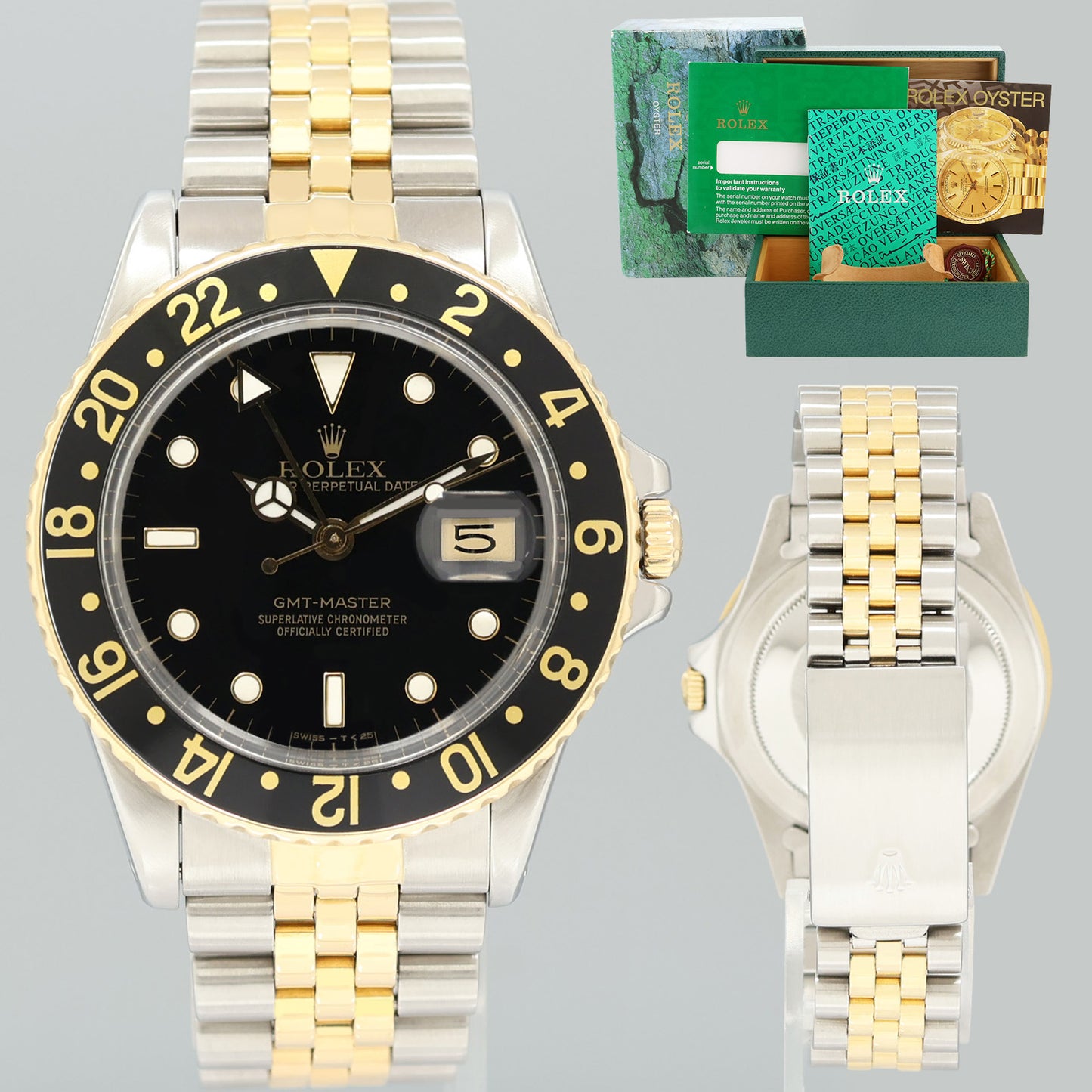 MINT Rolex GMT-Master 2 16753 Two-Tone Yellow Jubilee Black Dial 40mm Watch Box