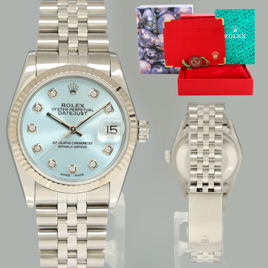 Blue Diamond Ladies Rolex Midsize 31mm Datejust Jubilee Steel 68274 Watch Box