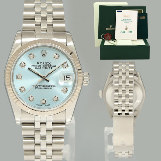 PAPERS MINT Glacier Blue Diamond Ladies Rolex Midsize 31mm Datejust Jubilee Steel 68274 Watch Box