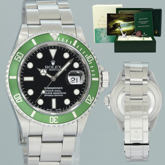 MINT Rolex Flat 4 Kermit F Serial 16610LV Green Submariner 40mm Watch Box
