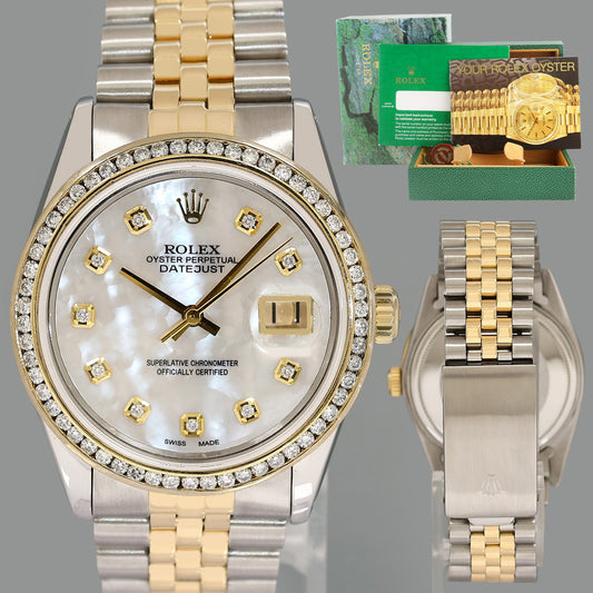 PEARL & DIAMOND BEZEL Rolex DateJust 16013 Two-Tone Yellow Gold Jubilee Watch Box