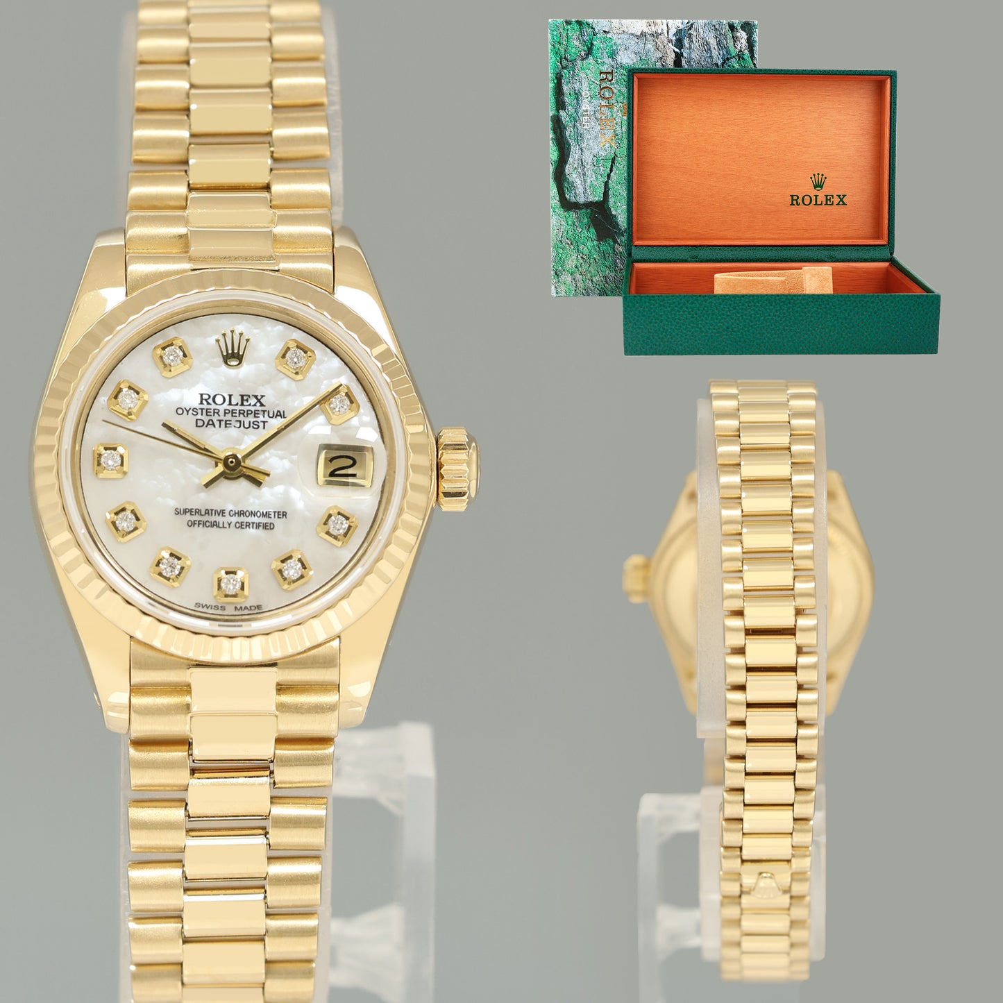 Ladies Rolex DateJust Mother of Pearl Diamond President 26mm 6917 Yellow Gold Watch Box