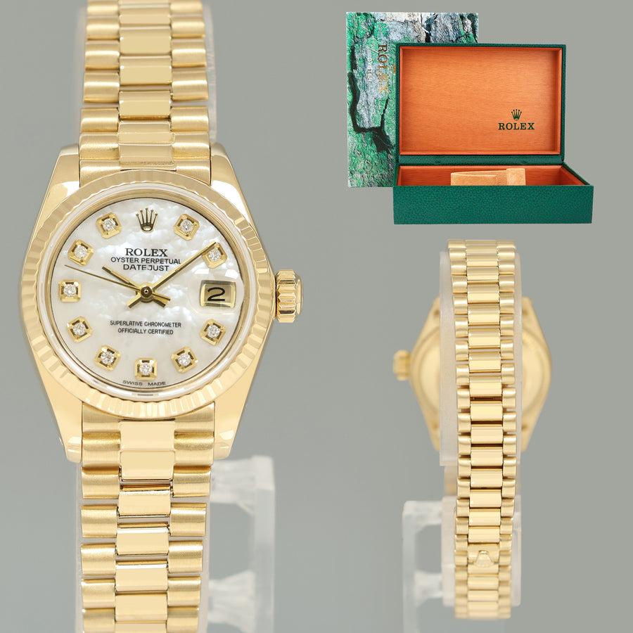 Ladies Rolex DateJust Mother of Pearl Diamond President 26mm 6917 Yellow Gold Watch Box