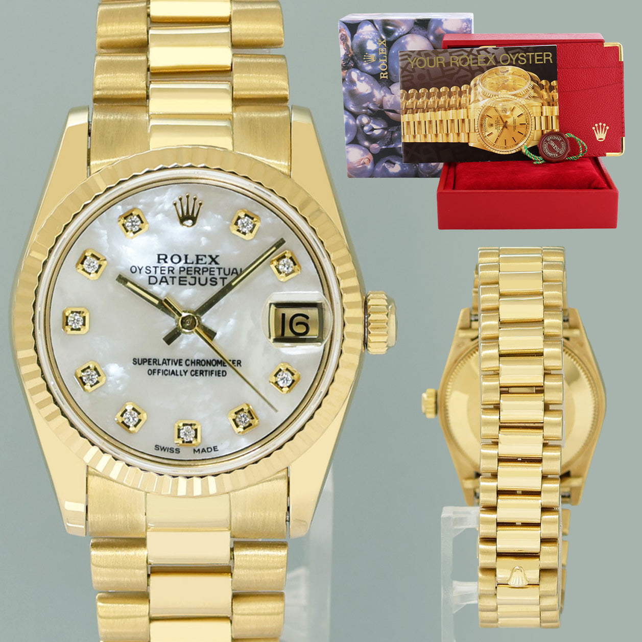 MINT Rolex 68278 Yellow Gold 31mm Midsize Mother of Pearl Diamond Lady President Watch