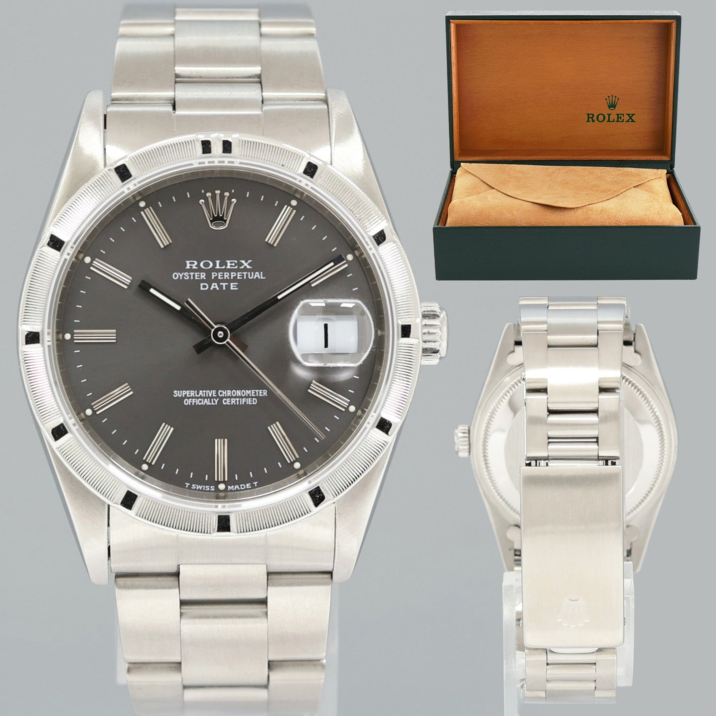 MINT Rolex Oyster Perpetual Date 34mm 15210 Steel Grey Stick Watch Box