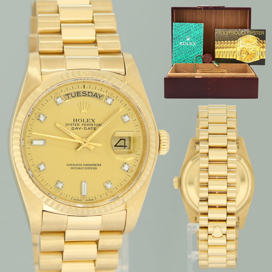 MINT Rolex 18038 President Day Date Yellow Gold Champagne Diamond Quickset Watch