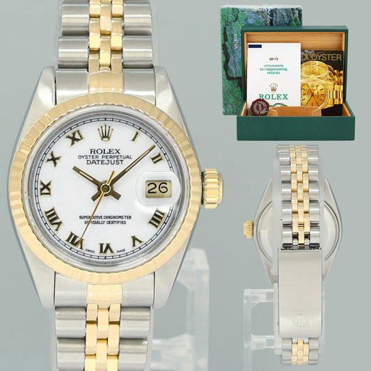 PAPERS MINT Ladies Rolex 69173 DateJust 26mm White Roman Two Tone Yellow Gold Jubilee Watch