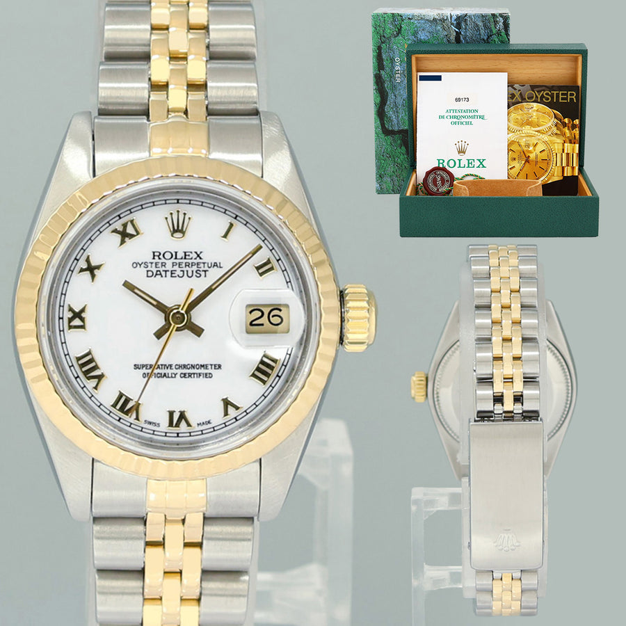 PAPERS MINT Ladies Rolex 69173 DateJust 26mm White Roman Two Tone Yellow Gold Jubilee Watch
