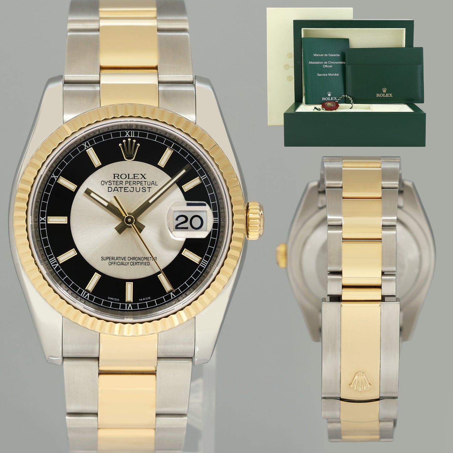 MINT Rolex DateJust Oyster Two Tone Yellow Gold Steel Black Tuxedo 36mm 116233 Watch