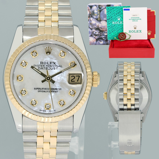 PAPERS MINT Ladies Rolex 68273 Two Tone 18k Yellow Gold Fluted Steel 31mm Pearl Diamond Watch