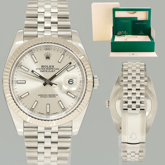 MINT Rolex DateJust 41 Silver Stick Jubilee White Gold Fluted 126334 Watch Box