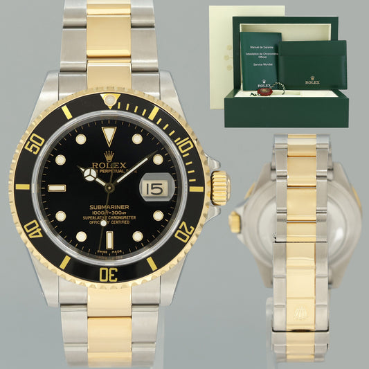 2000 MINT GOLD BUCKLE Rolex Submariner 16613 Gold Two Tone Black Watch Box