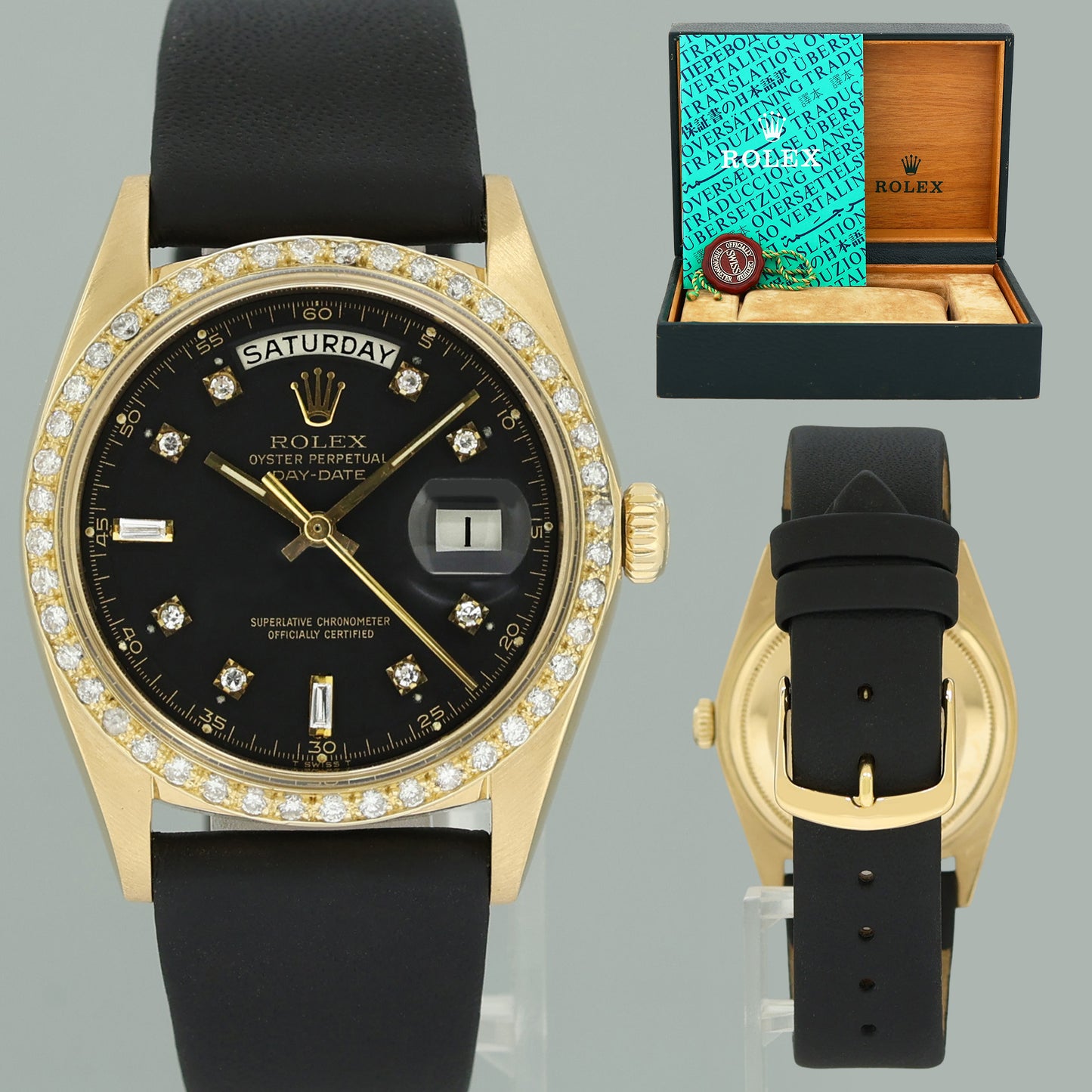 Rolex Day-Date President 1803 Black Diamond Bezel Yellow Gold 36mm Watch Box