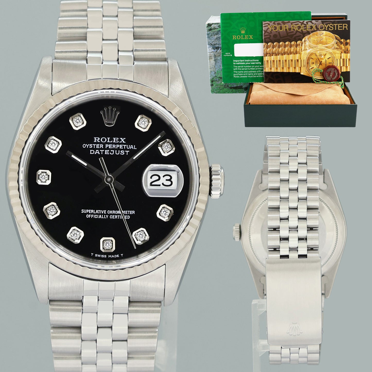 MINT Rolex DateJust 16234 Black Diamond Jubilee White Gold Fluted Watch Box