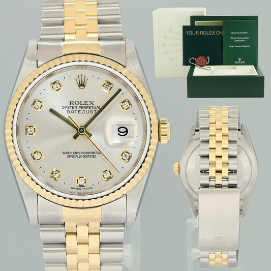 2004 MINT Rolex DateJust 16233 Two Tone Yellow Gold Jubilee Silver Diamond Watch Box