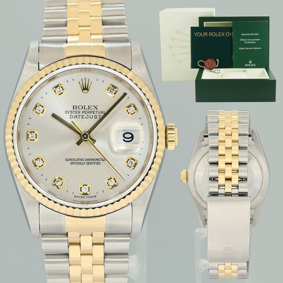 2004 MINT Rolex DateJust 16233 Two Tone Yellow Gold Jubilee Silver Diamond Watch Box