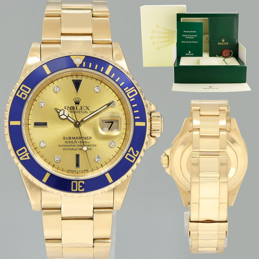 2026 Service Rolex 16618 Submariner Yellow Gold Blue Champagne Serti Diamond Watch