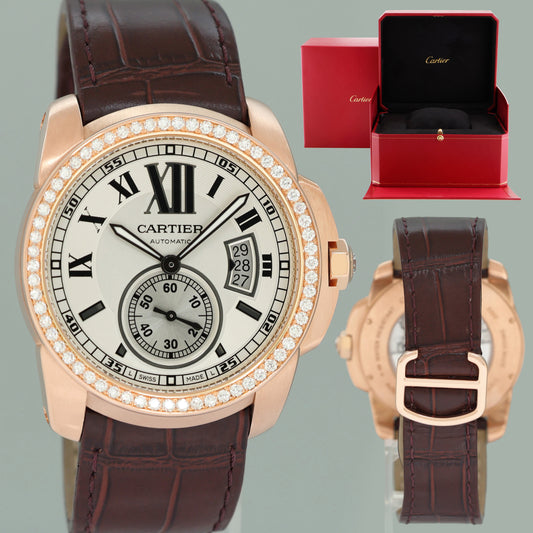 MINT Cartier Calibre de Cartier 42 Silver Dial Rose Gold Diamond Mens Watch WF100005 Box