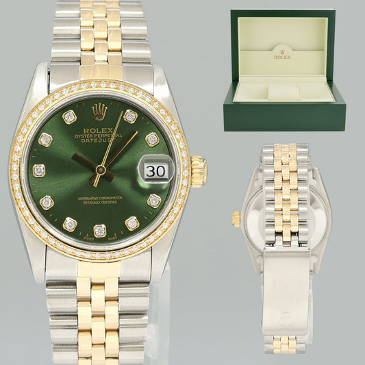 Ladies Rolex 68273 Two Tone Jubilee Yellow Gold Steel 31mm Green Diamond Dial Watch