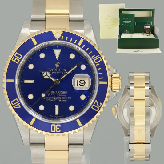 2007 MINT PAPERS Rolex Submariner 16613 Gold Steel Two Tone Sunburst Blue Watch