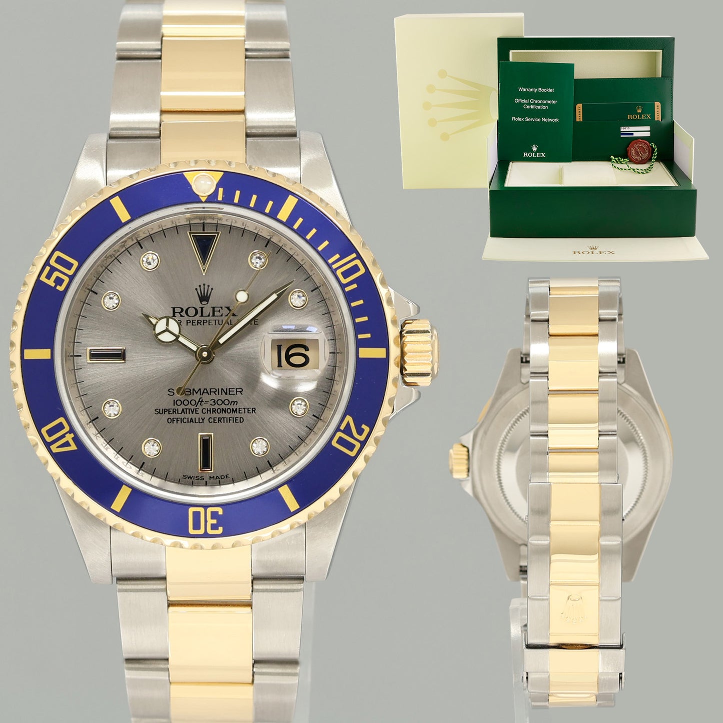 2008 PAPERS Rolex Submariner 16613 Two Tone Yellow Gold Silver Serti Diamond Watch